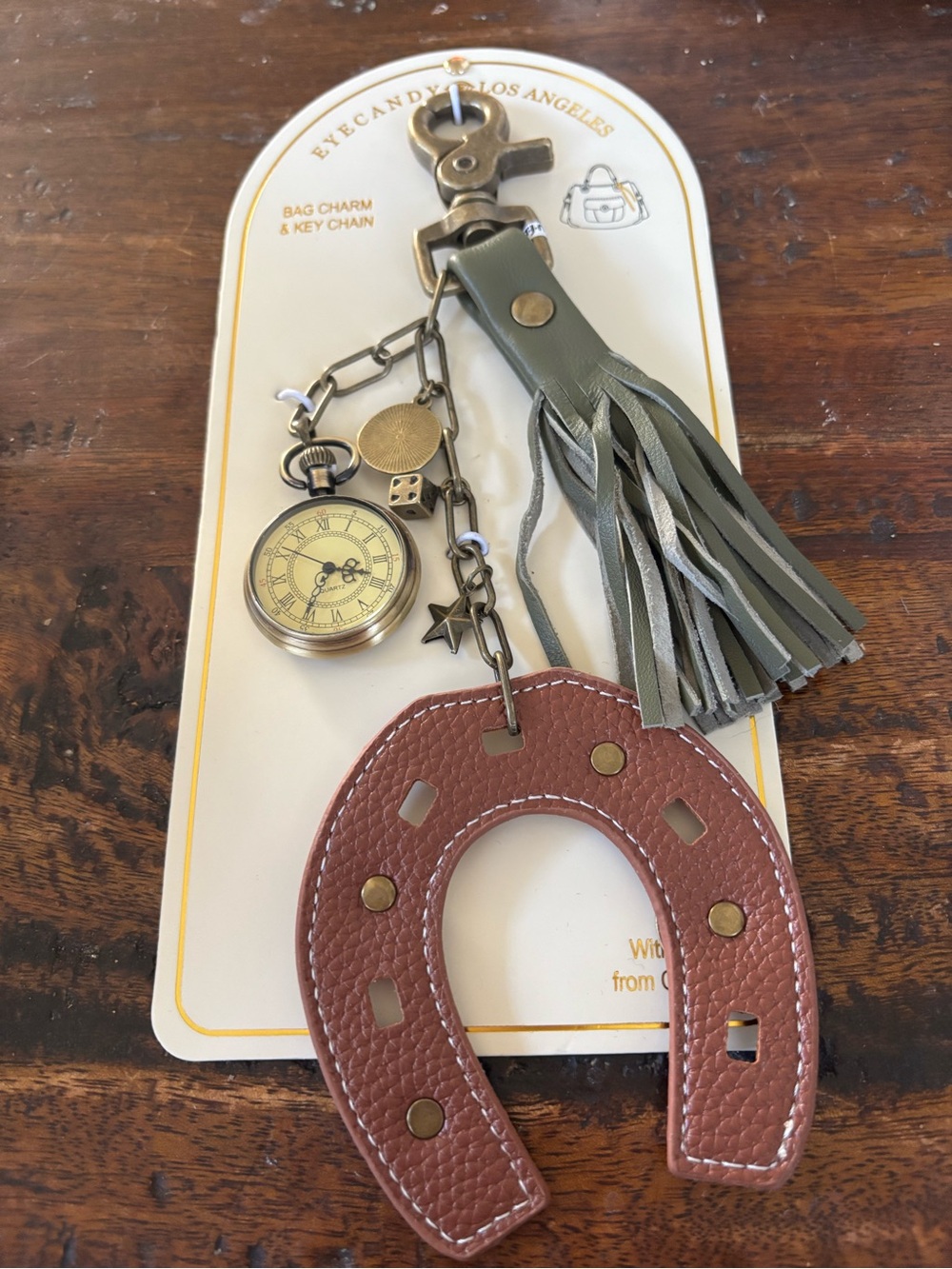 eye candy Olive Tassel & Brown Horseshoe Keychain with Antique-Gold Charms